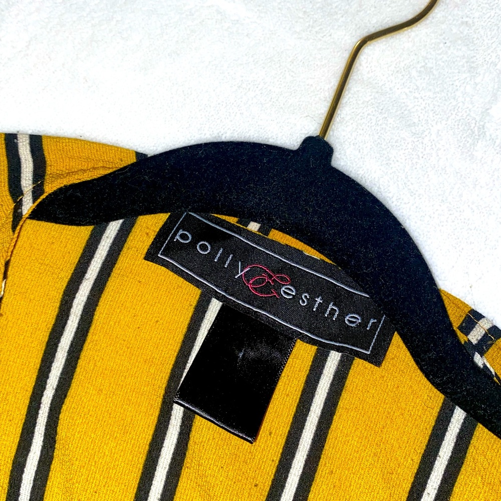 Polly & Esther Yellow Women’s Striped V Neck Blouse with Subtle Buttons Sleeves - Picture 3 of 6